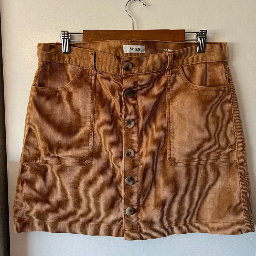 kensie Button-Front Corduroy Mini Skirt in Rust Brown